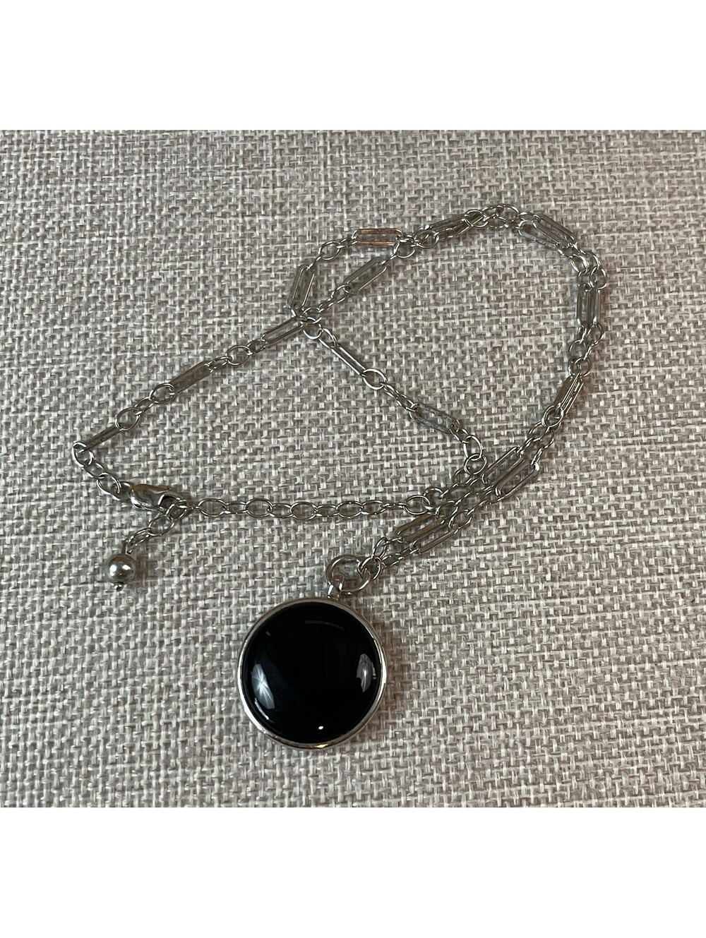 925 Sterling Silver Black Onyx Stone Beautiful Pendant 17" Necklace Signed